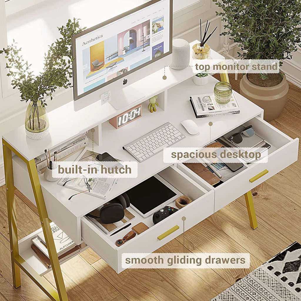 White and Gold Computer Desk with Drawers M463