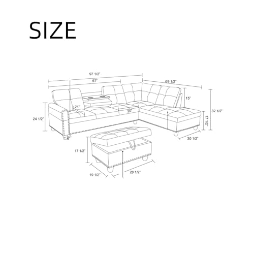 L Shaped Modular Sectional Sofa with Ottoman Storage, Gray C850