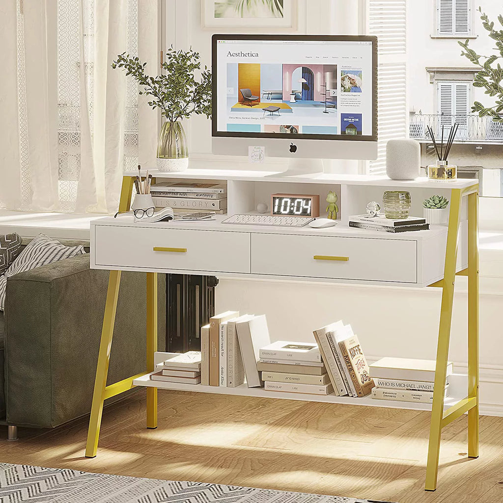 White and Gold Computer Desk with Drawers M463