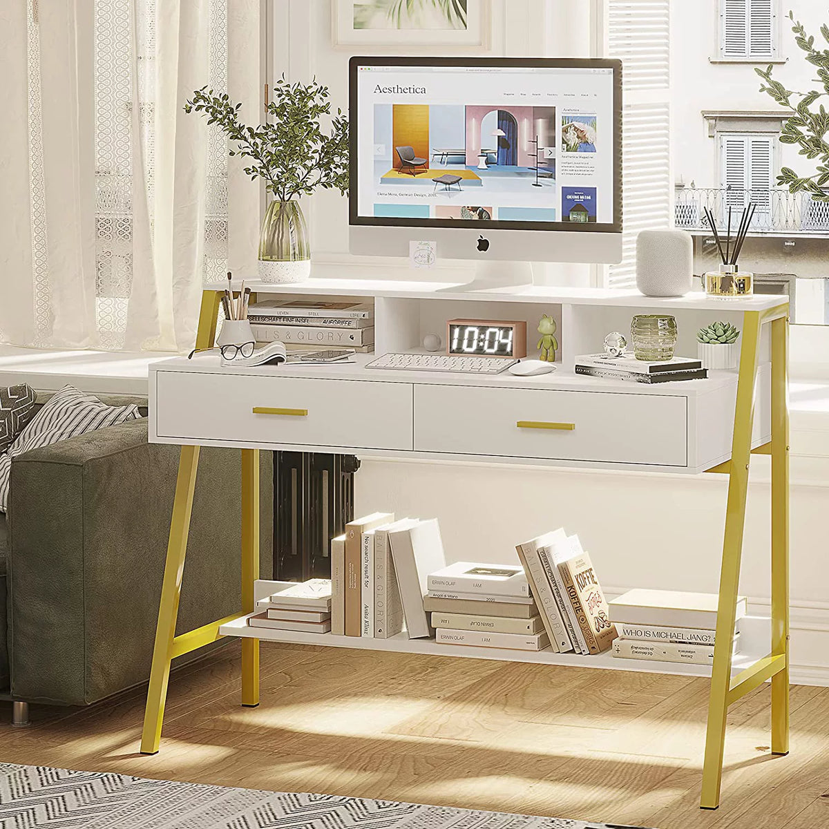 White and Gold Computer Desk with Drawers M463
