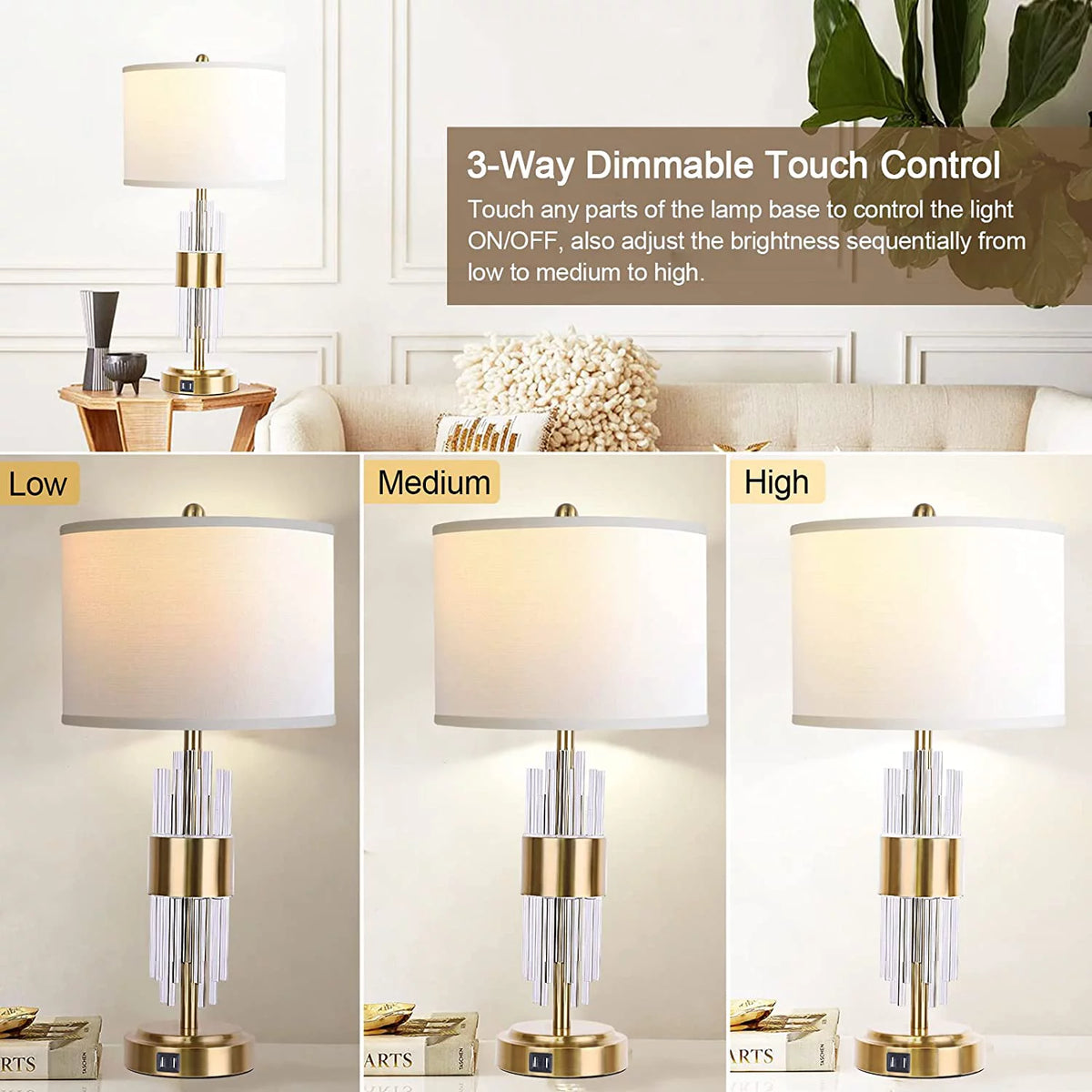 25.5" Gold Metal Touch Control Table Lamp with USB Ports N32395
