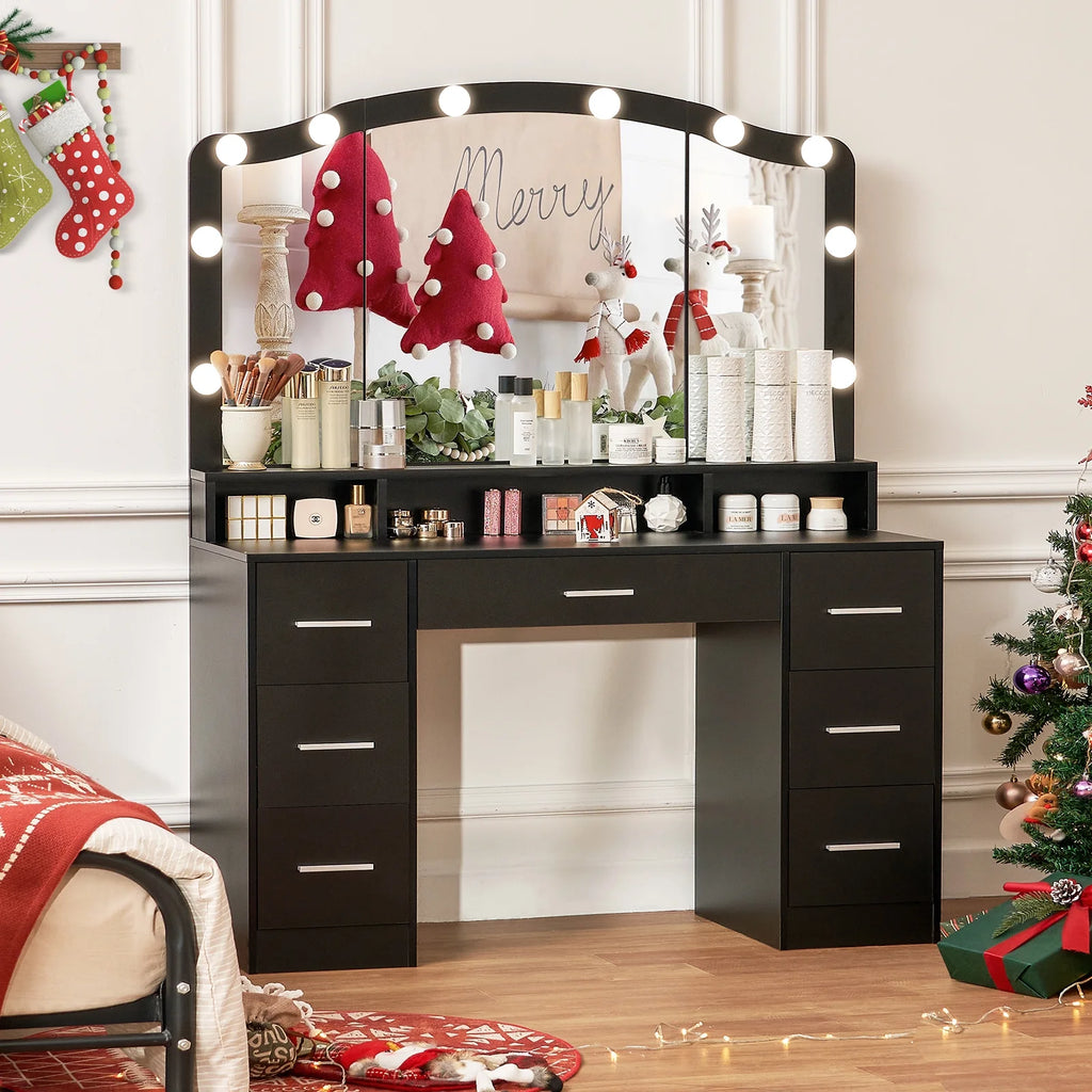 Black Vanity Desk with Lighted Mirror and 7 Drawers M63368