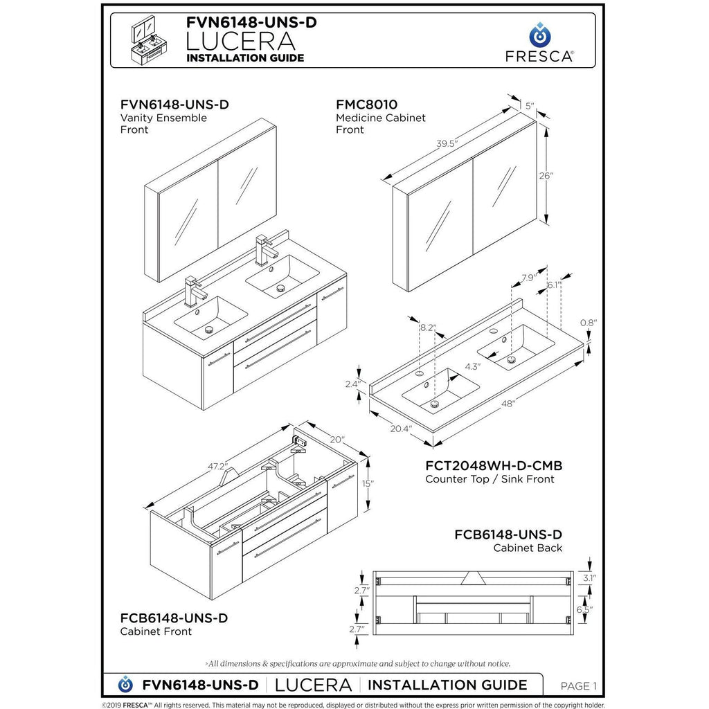White 48x22 Wall Hung Double Undermount Sink Bathroom Cabinet W972