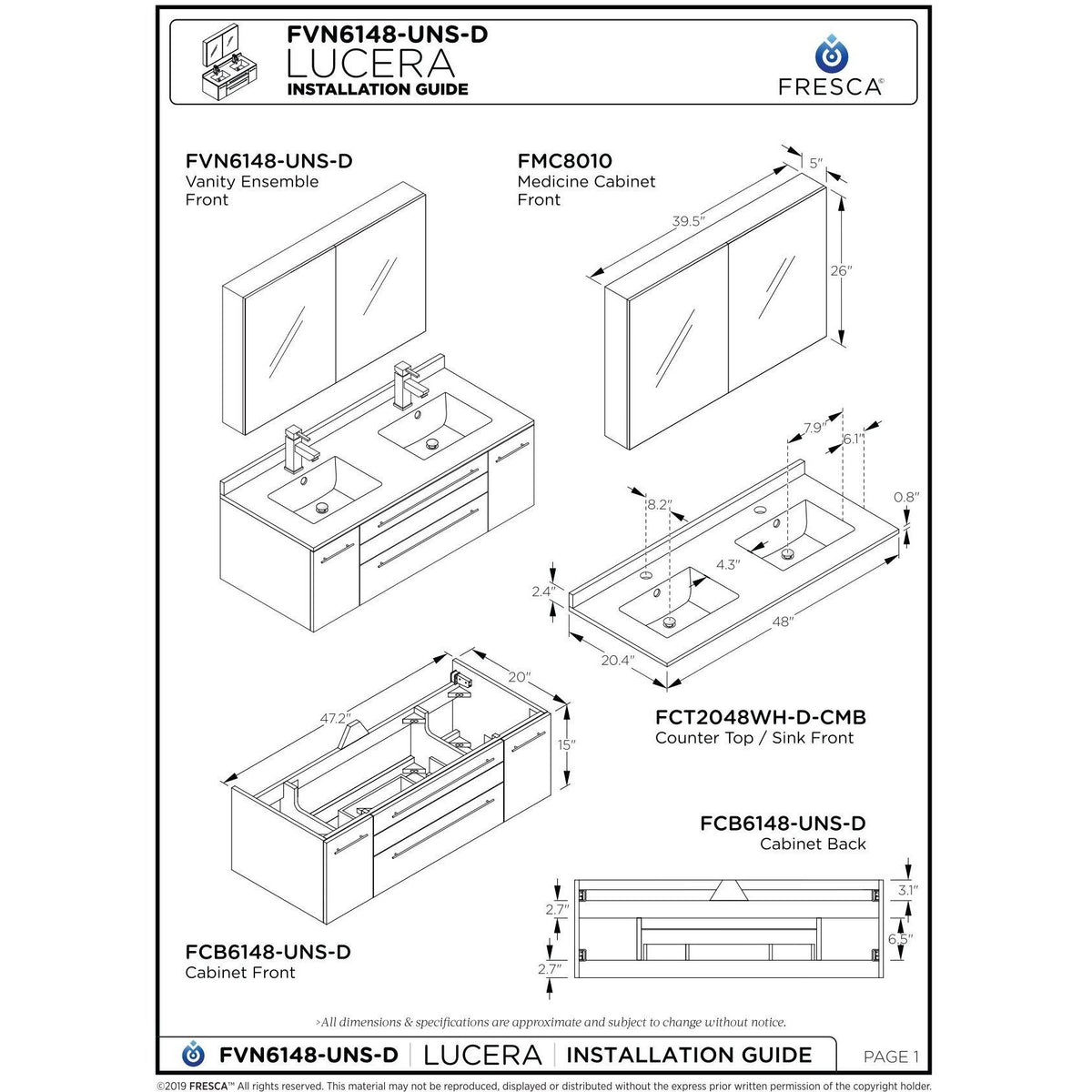 White 48x22 Wall Hung Double Undermount Sink Bathroom Cabinet W972