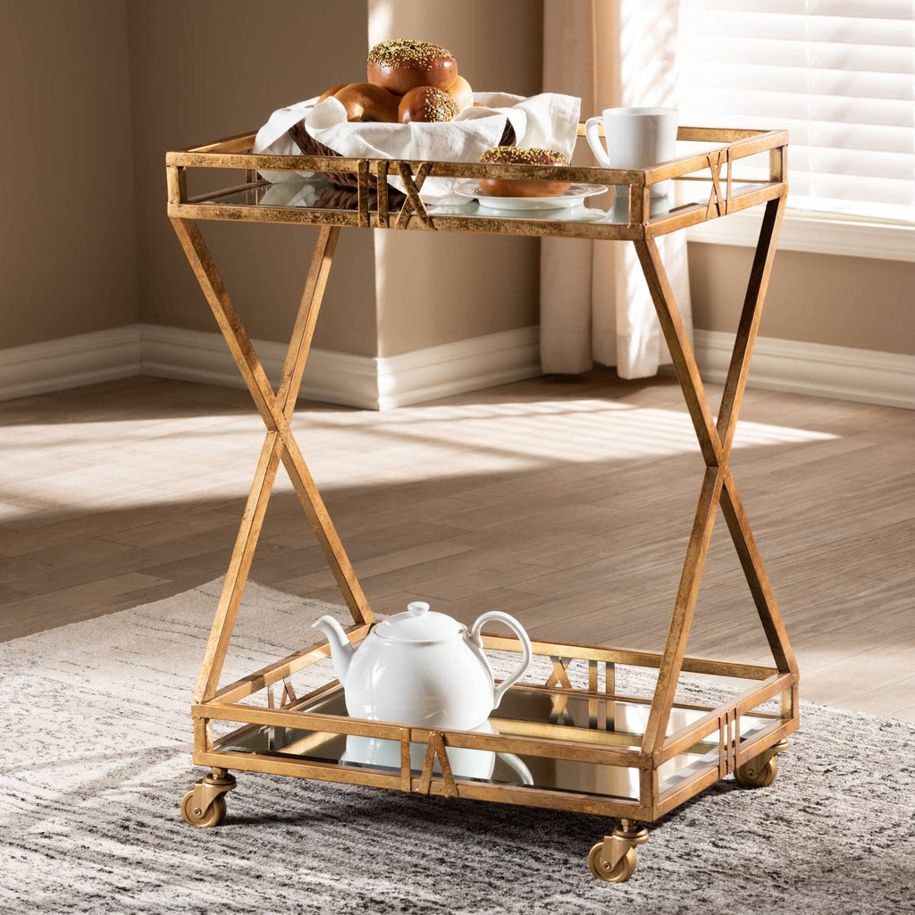Antique Gold Finished 2-Tier Mobile Bar Cart M3009