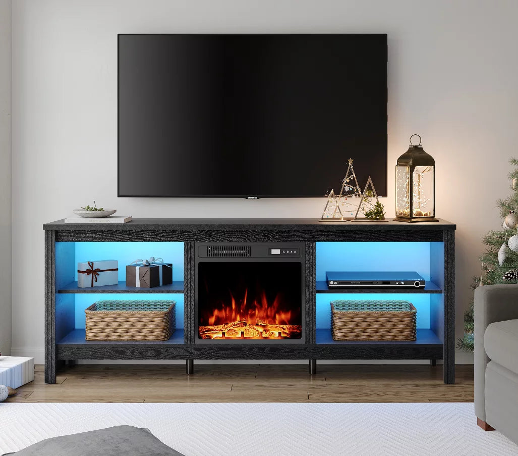 Black 70 inch Fireplace TV Stand with LED Lights N119