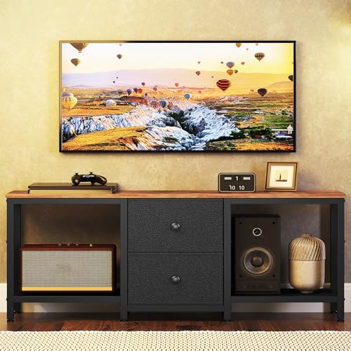 Rustic Brown and Black TV Stand with 2 Fabric Drawer J645346