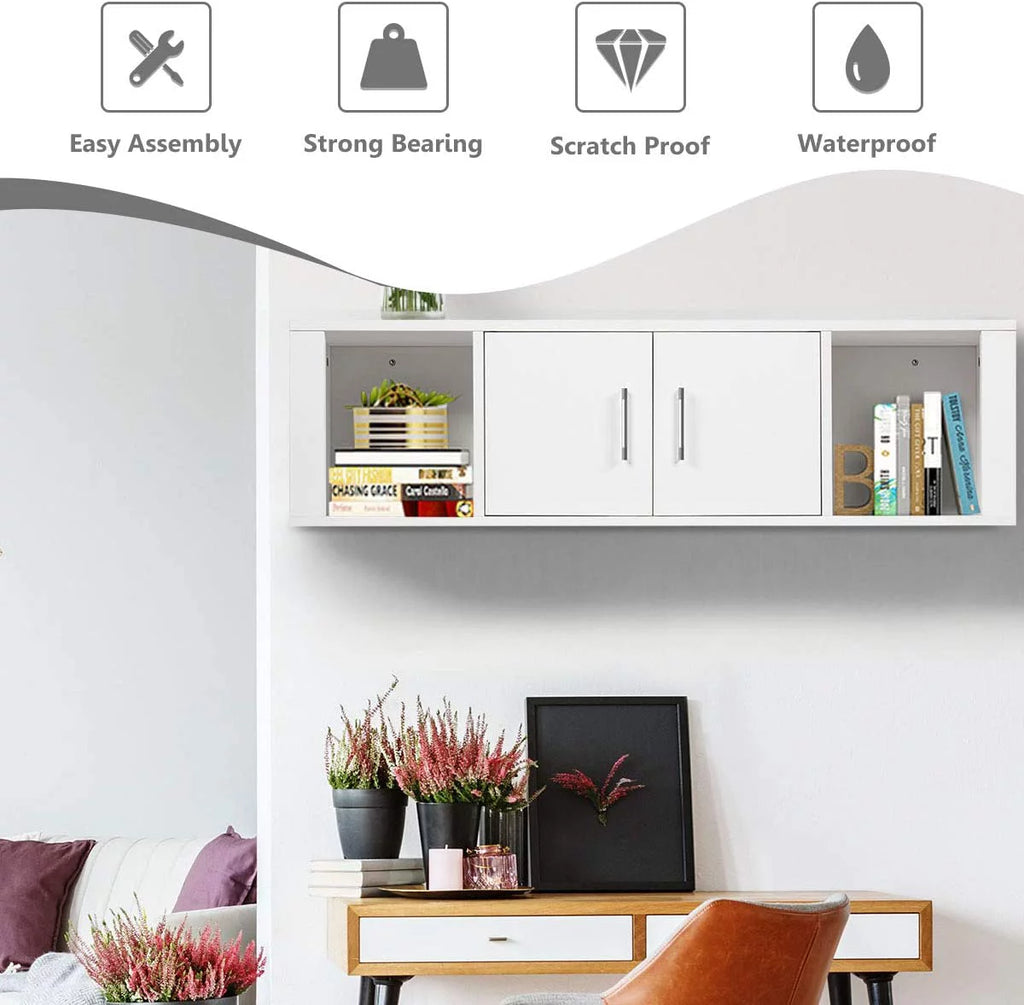 Wall Mounted Storage Cabinet 2 Cube Floating Desk with 2 Doors and 2 Open Shelves White F709629