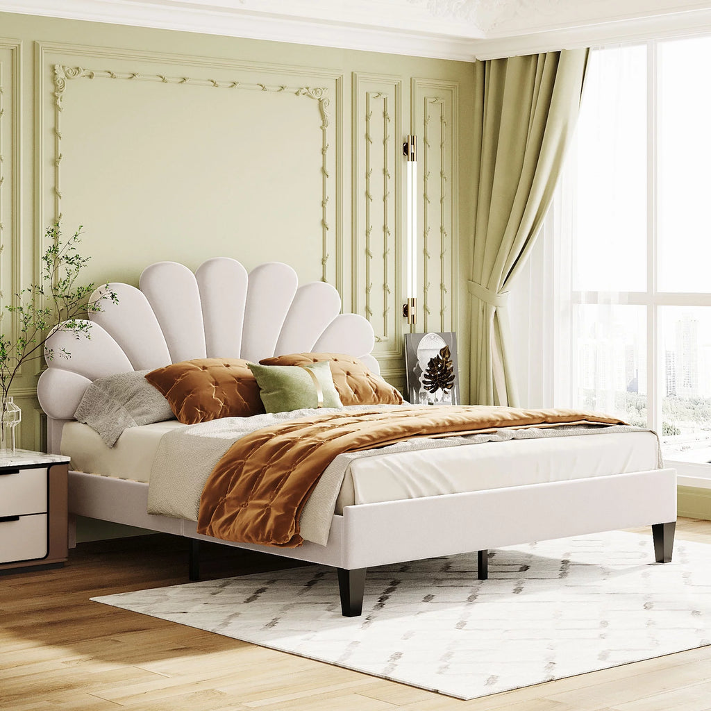 Queen Size Beige Velvet Upholstered Platform Bed with Flower Pattern Headboard A43402