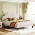 Queen Size Beige Velvet Upholstered Platform Bed with Flower Pattern Headboard A43402