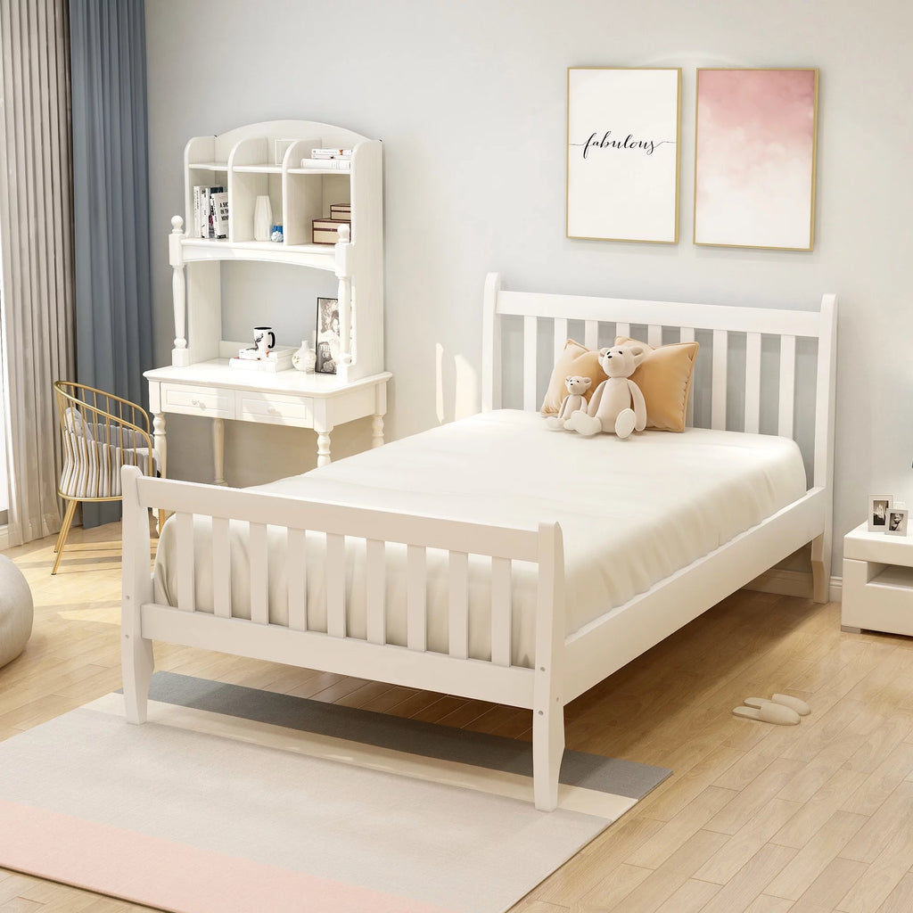 White Twin Platform Bed Frame with Wood Slat Support U65478