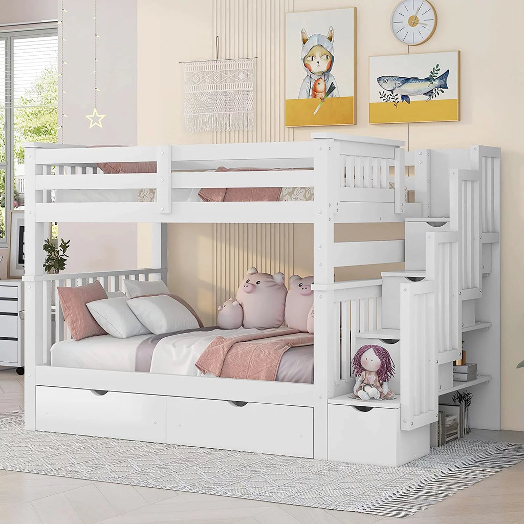 Full Over Full Bunk Bed with Stairs and 6 Storage Drawers L6476