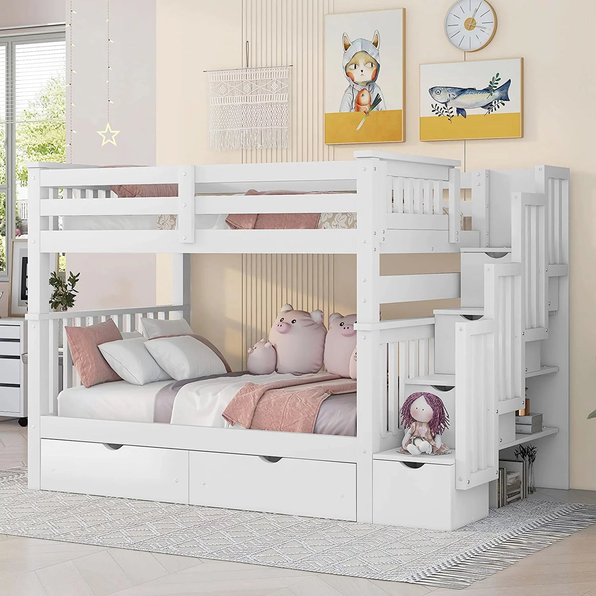 Full Over Full Bunk Bed with Stairs and 6 Storage Drawers L6476