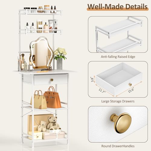 White Compact Vanity Desk with Fabric Drawers J790446