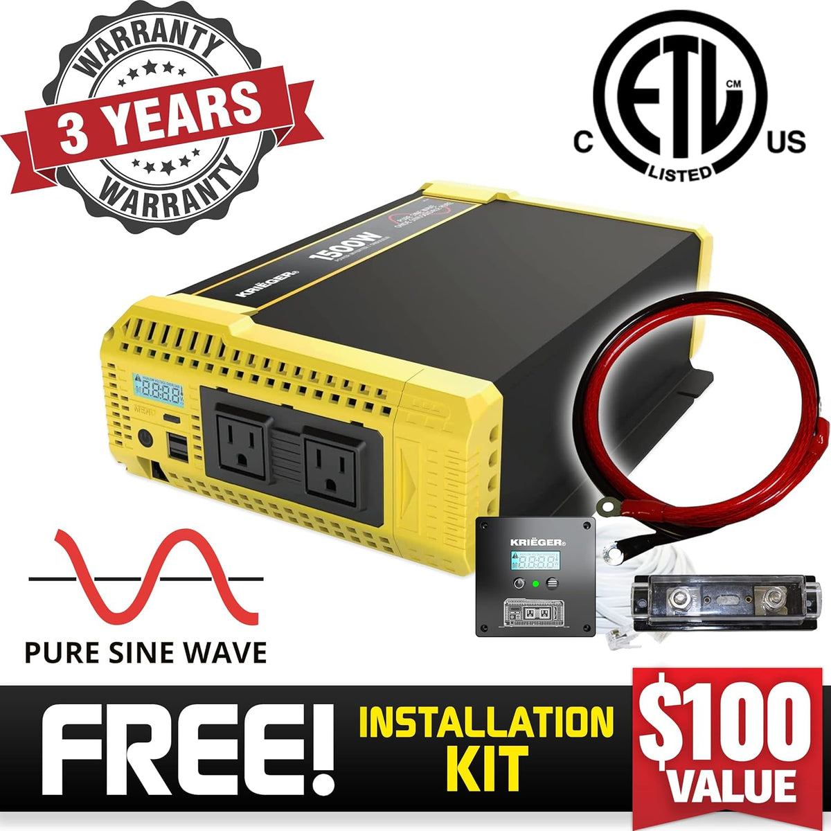 1500 Watt 12V Pure Sine Inverter with Dual AC Outlets & USB L710