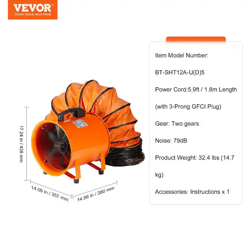 Orange 12 in. Heavy Duty Blower Fan with Duct Hose O574767