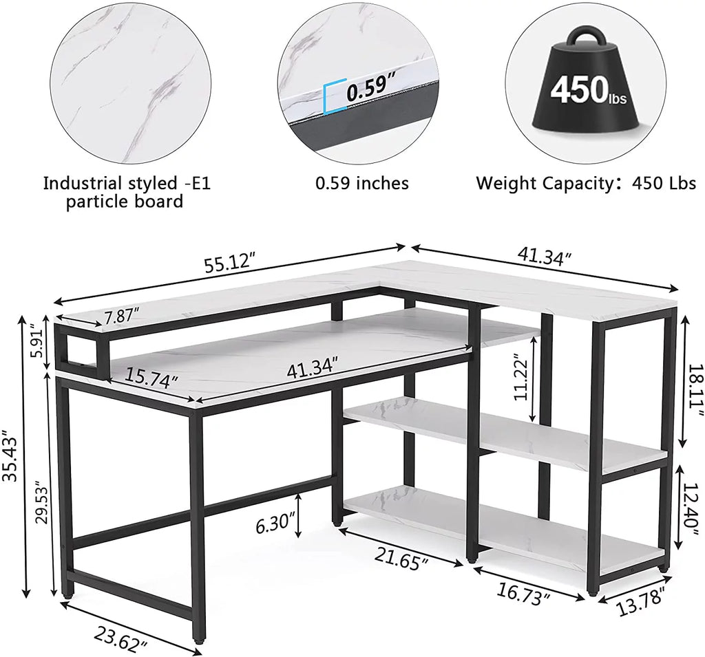 Reversible L Shaped Desk with Hutch and Open Shelves V584177