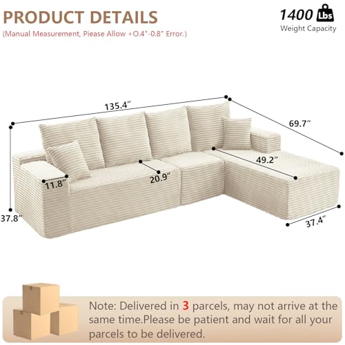 107" Modular Corduroy Sectional Sofa with Chaise X541