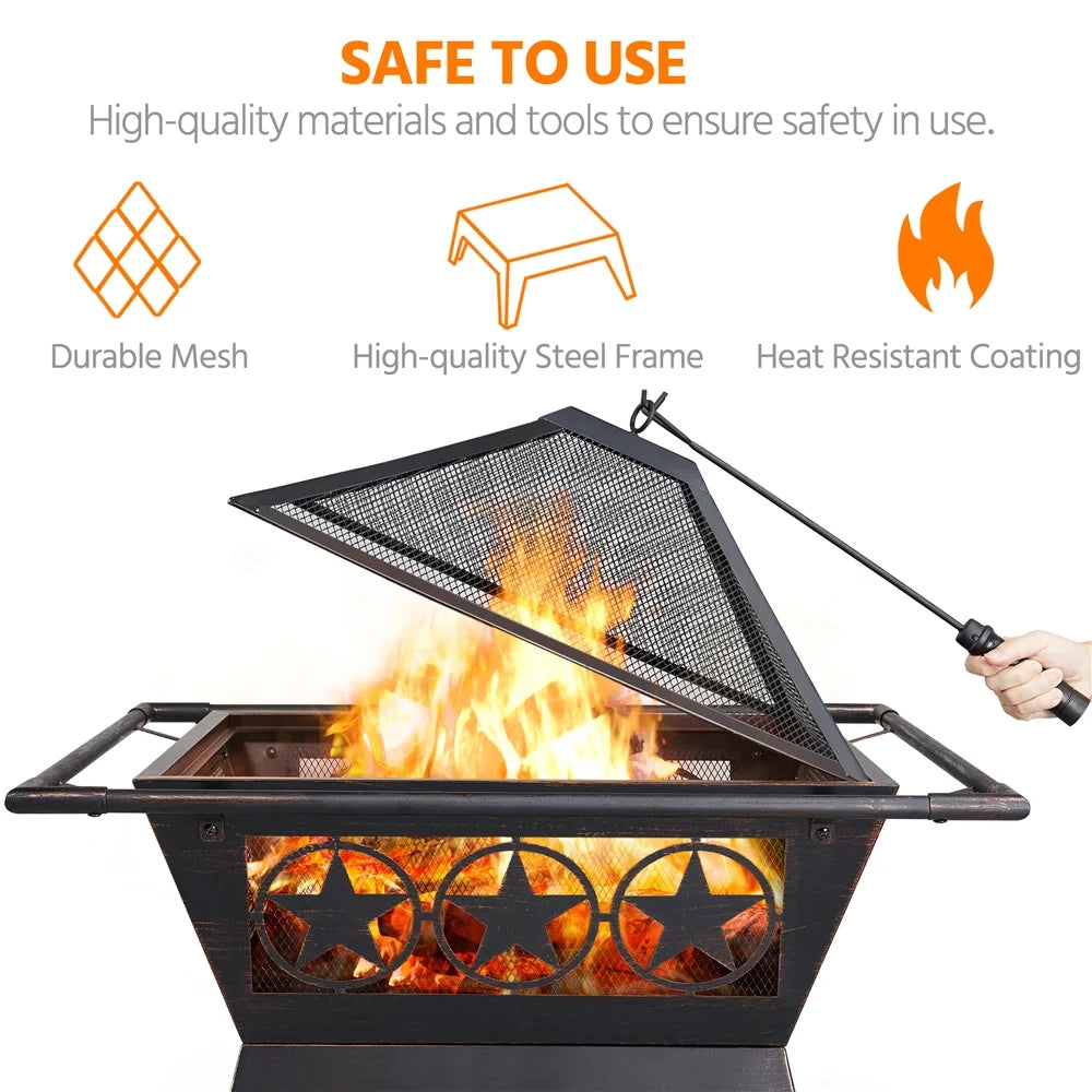 Iron Fire Pit with Mesh Cover Grills Poker N70618