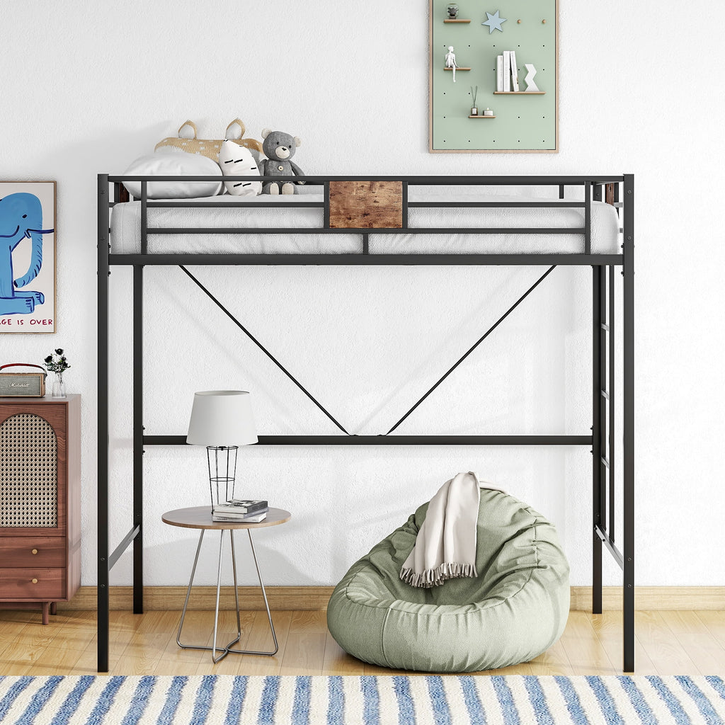 Black Metal Twin Loft Bed Frame with Stairs & Guardrail C300913
