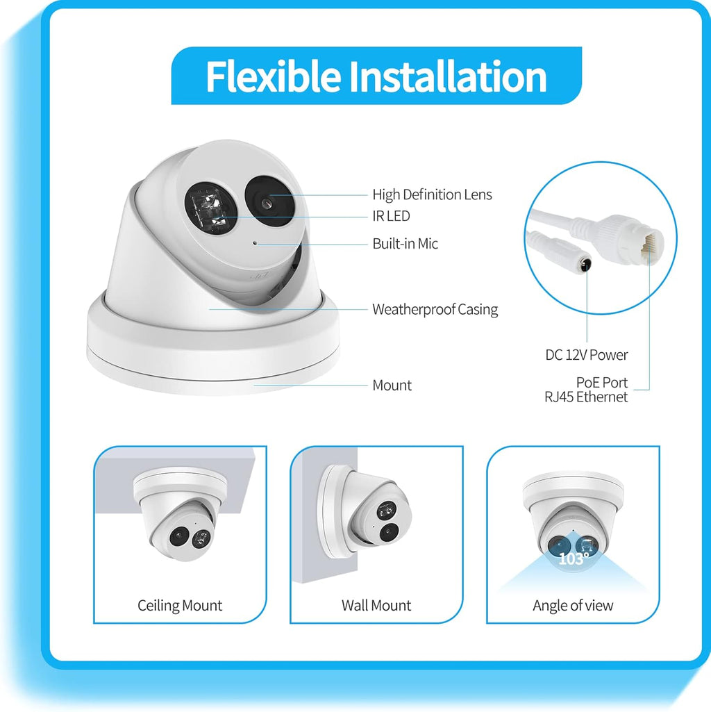 8MP 4K PoE Turret IP Camera with Built-in Mic L8357