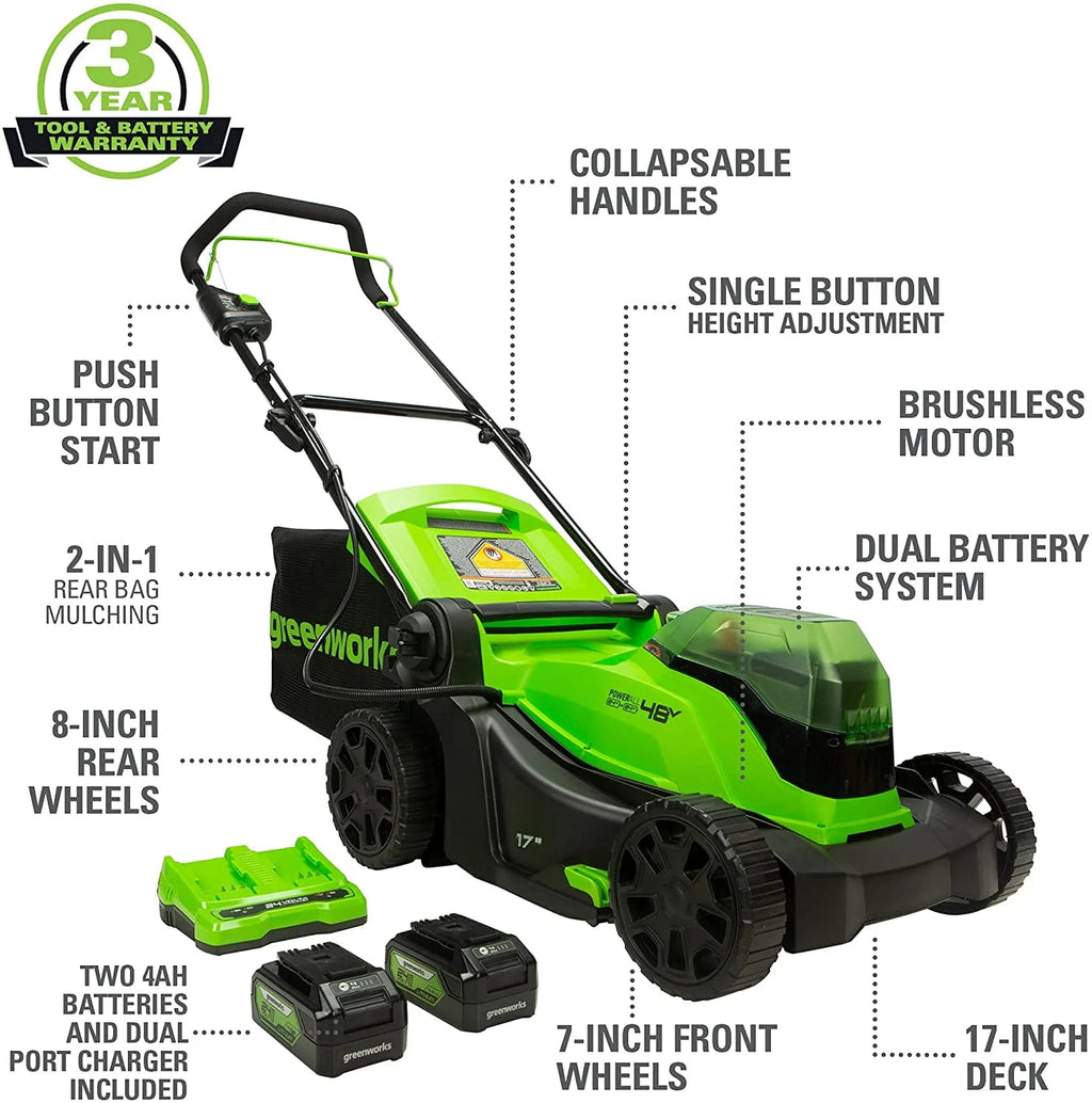 48V 17 Battery-Powered Push Lawn Mower with 2 x 24V 4Ah Batteries H801