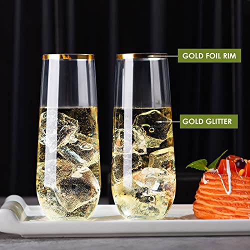 48 Pack 9 Oz Plastic Stemless Champagne Flutes with Gold Rim X6662