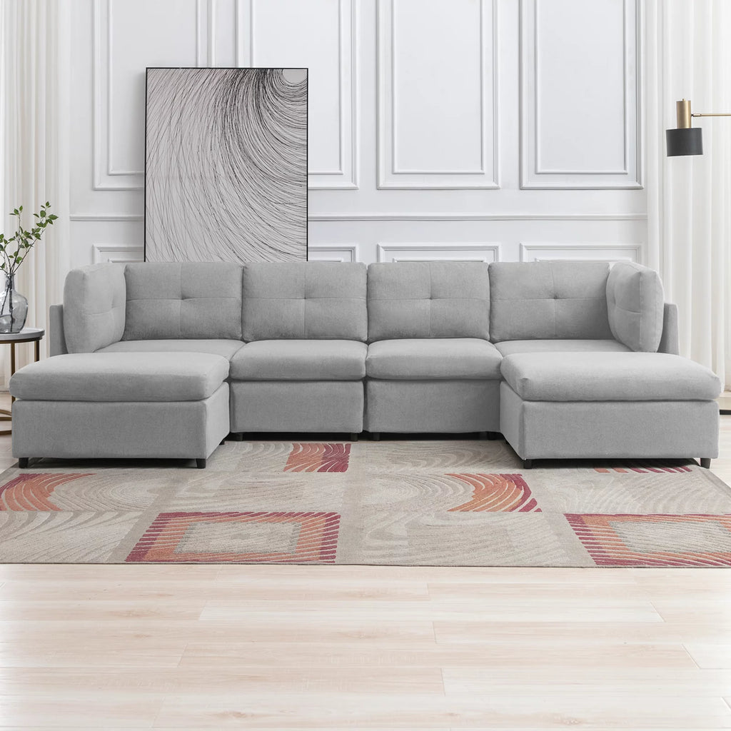 118" Convertible Linen Sectional Sofa with Ottomans L437
