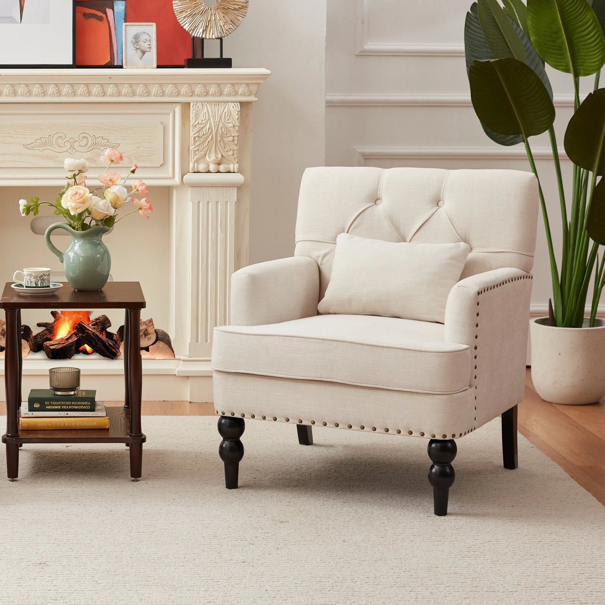 Beige Linen Upholstered Accent Chair with Ottoman G73376