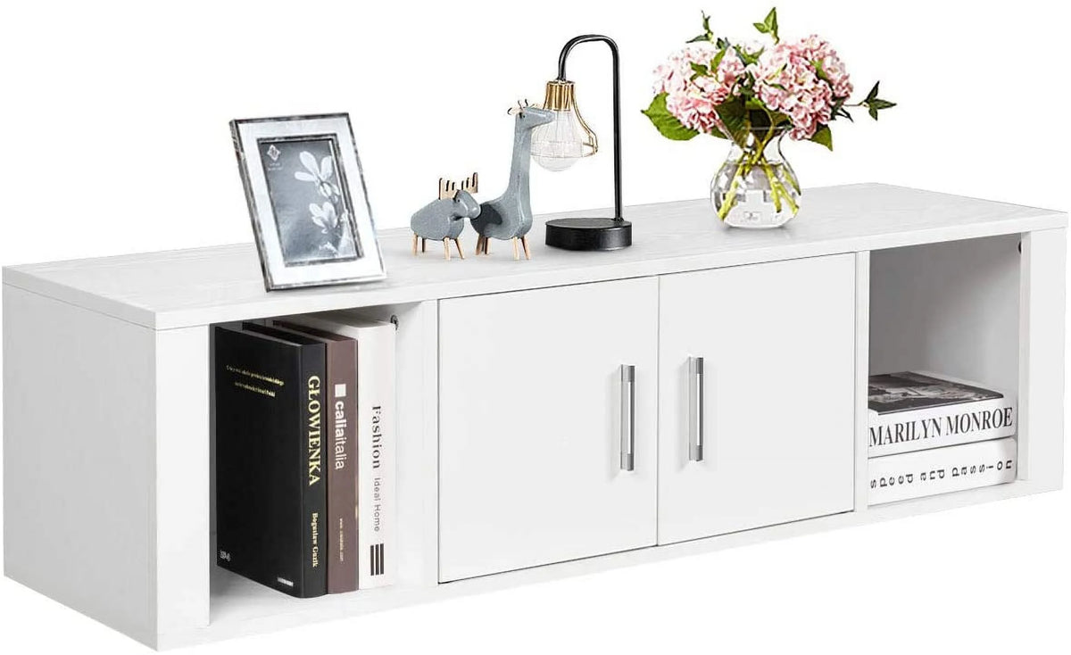 Wall Mounted Storage Cabinet 2 Cube Floating Desk with 2 Doors and 2 Open Shelves White F709629