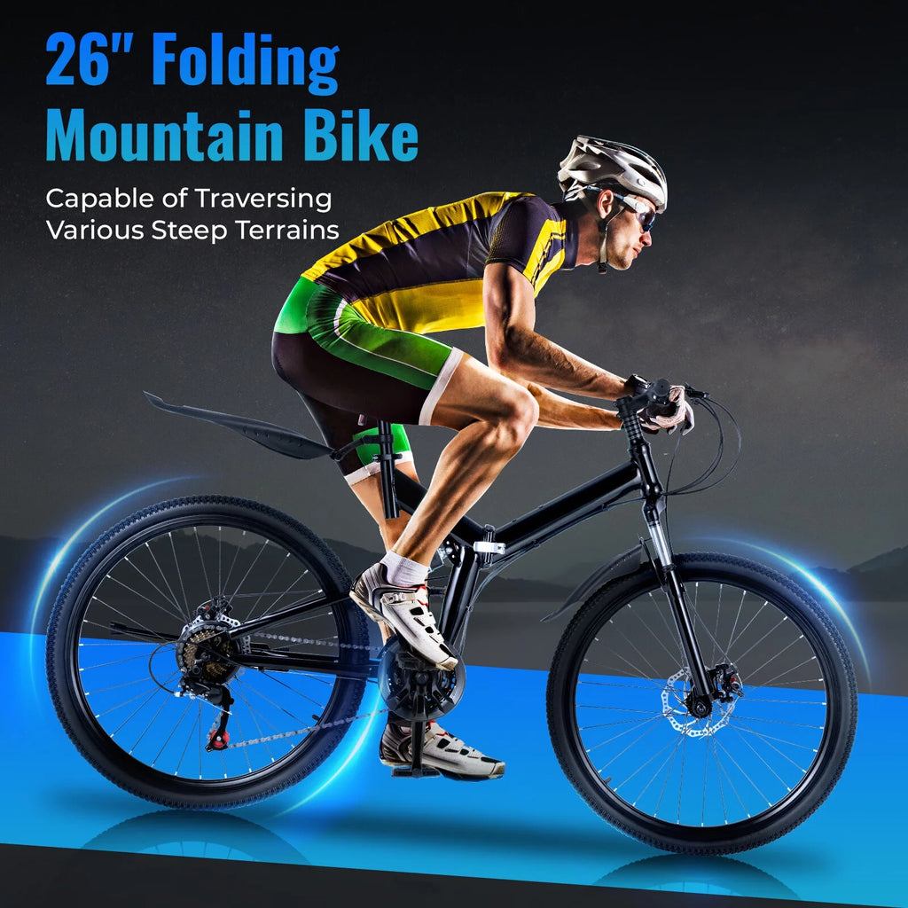 26 Inch 21 Speed Folding Mountain Bike Full Suspension Dual Disc Brakes Black I9483