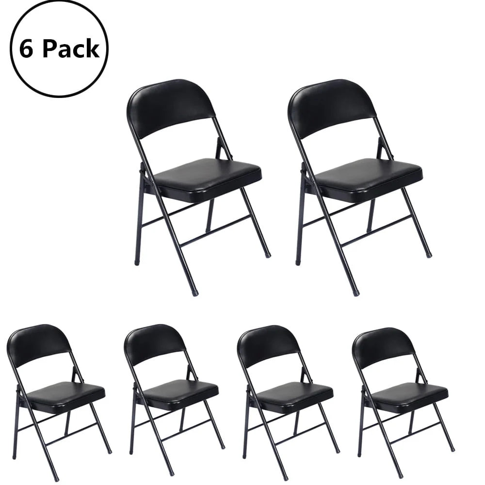 6 Pack Black Folding Chairs Cushioned Padded Seat Metal Frame P496746