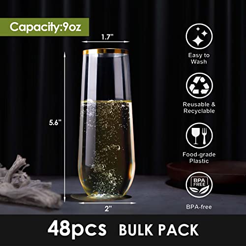 48 Pack 9 Oz Plastic Stemless Champagne Flutes with Gold Rim X6662