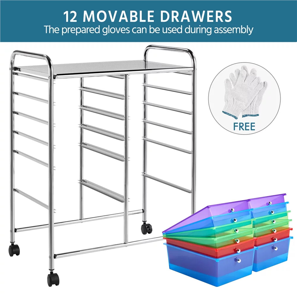 12 Drawer Rolling Storage Cart with Castors, Black E966