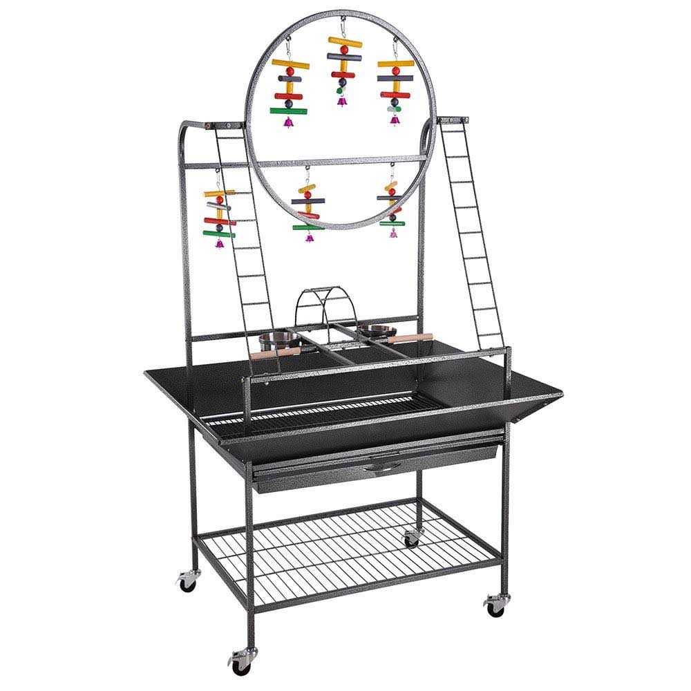 Large Pet Parrot Play Stand Bird Cage Gym Perch with Feeding Cups Rolling Caster L55019