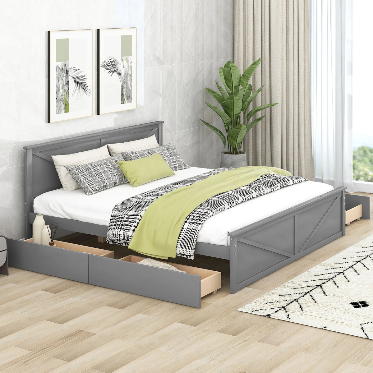 King Size Wooden Platform Bed Gray K330904