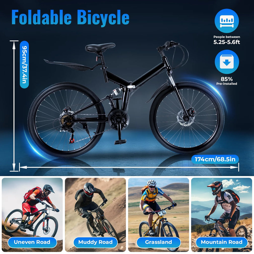 26 Inch 21 Speed Folding Mountain Bike Full Suspension Dual Disc Brakes Black I9483