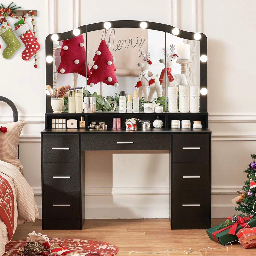 Black Vanity Desk with Lighted Mirror and 7 Drawers M63368