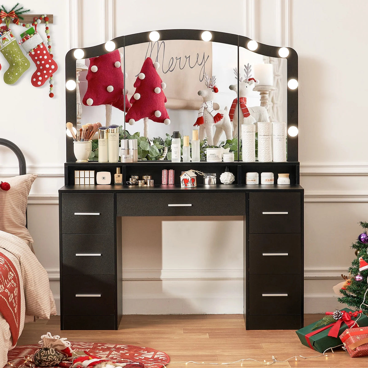 Black Vanity Desk with Lighted Mirror and 7 Drawers M63368