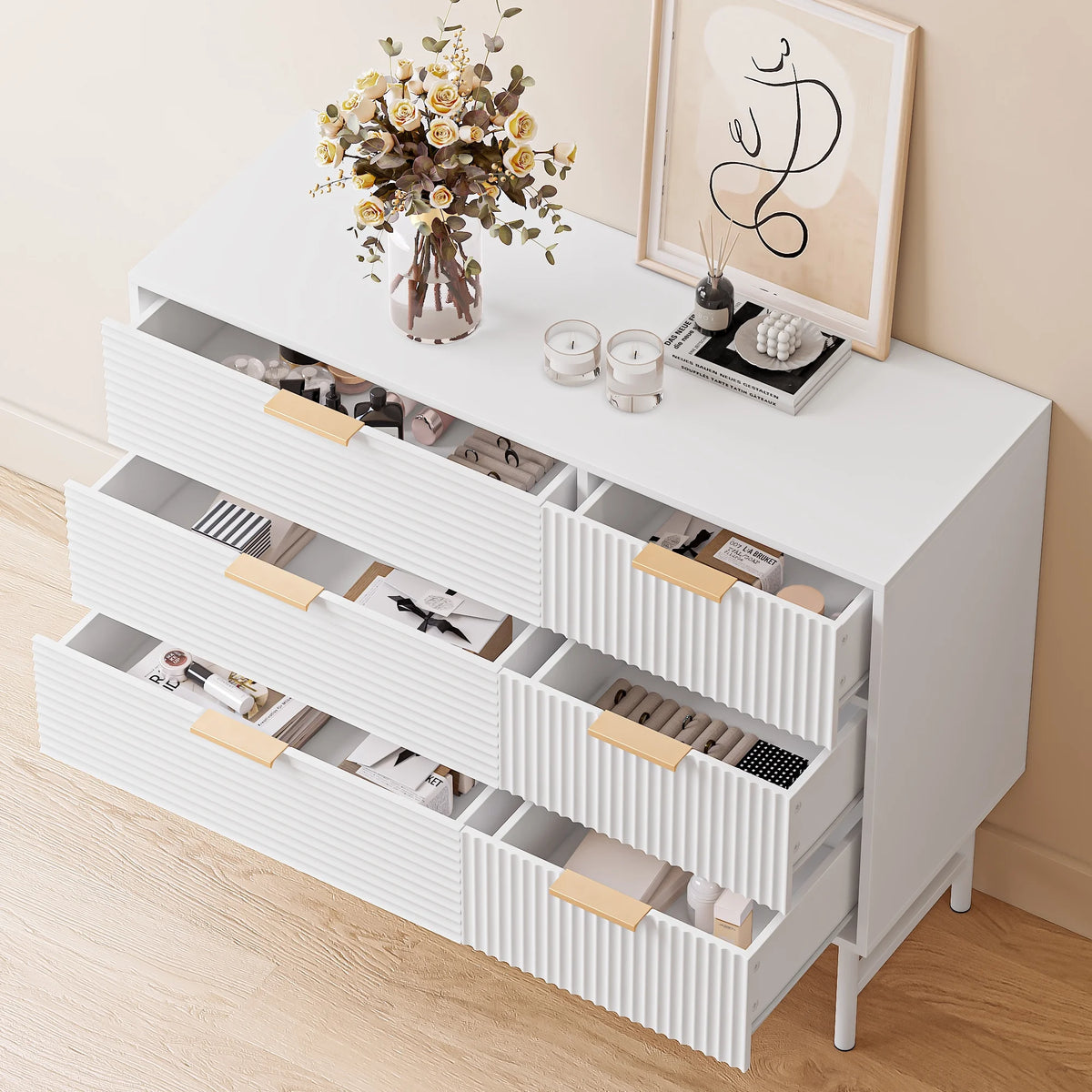 6 Drawer Creamy Wood Dresser with Metal Base J715