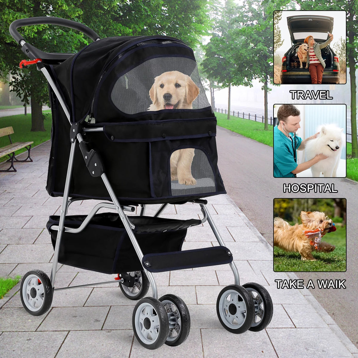 4 Wheels Foldable Pet Stroller with Storage Basket N2288