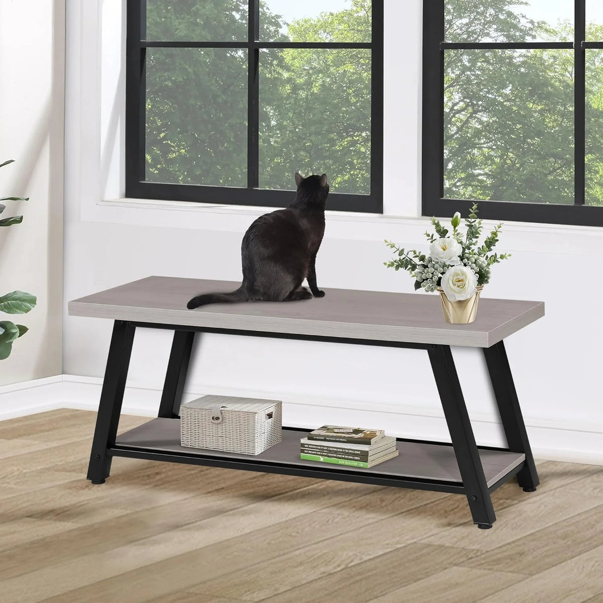 Light Grey and Black Wood Metal Bench T171911
