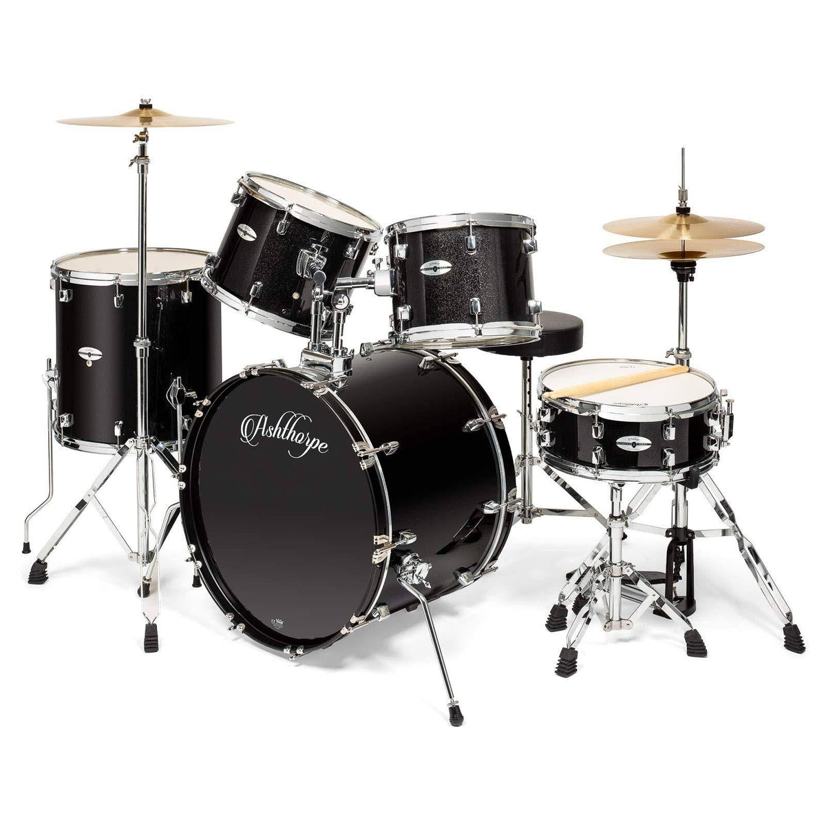 5-Piece Full Size Adult Drum Set with Brass Cymbals Chrome Hardware Black Q63272