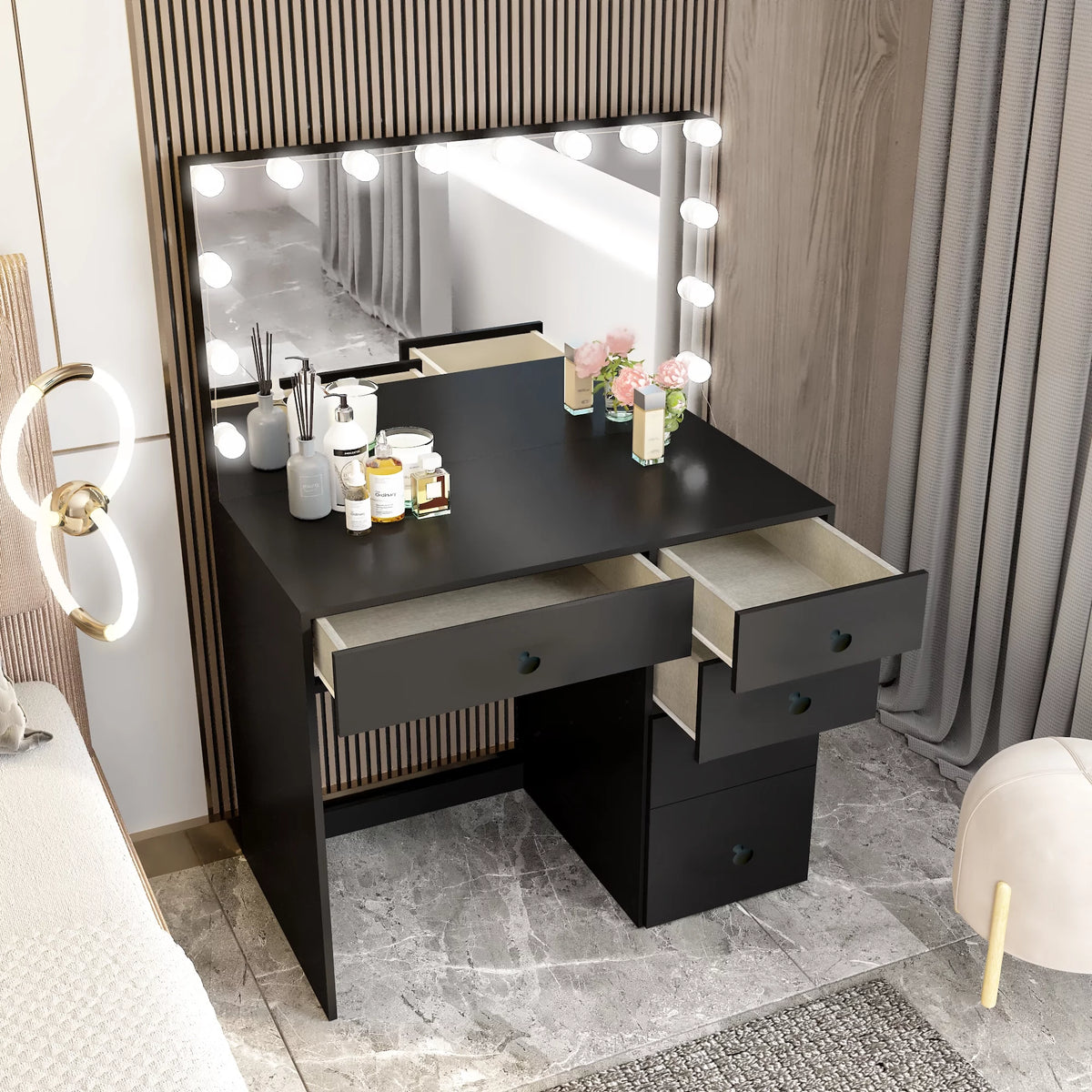 Black Makeup Vanity Table with 5 Drawers Y383