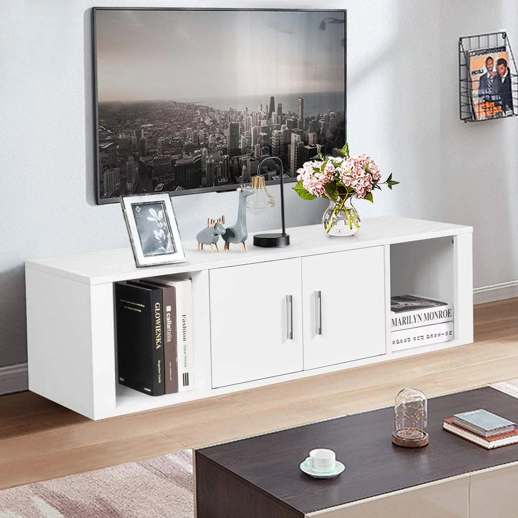 Wall Mounted Storage Cabinet 2 Cube Floating Desk with 2 Doors and 2 Open Shelves White F709629