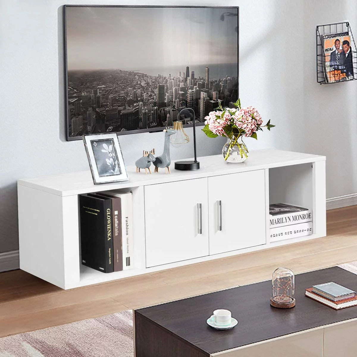 Wall Mounted Storage Cabinet 2 Cube Floating Desk with 2 Doors and 2 Open Shelves White F709629