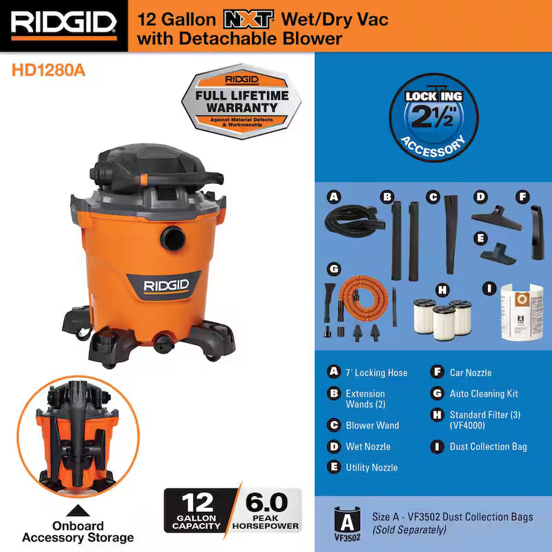 12 Gallon 6.0 Peak HP Wet/Dry Shop Vacuum with Detachable Blower M8882
