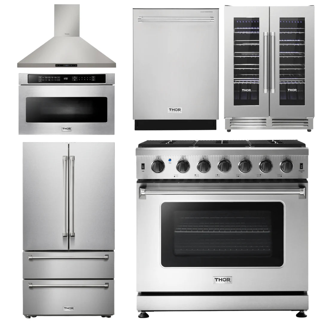 36 Propane Gas Range, Range Hood, Microwave, Refrigerator, Dishwasher, Wine Cooler O563