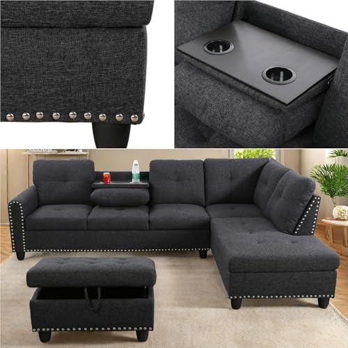 L Shaped Modular Sectional Sofa with Ottoman Storage, Gray C850
