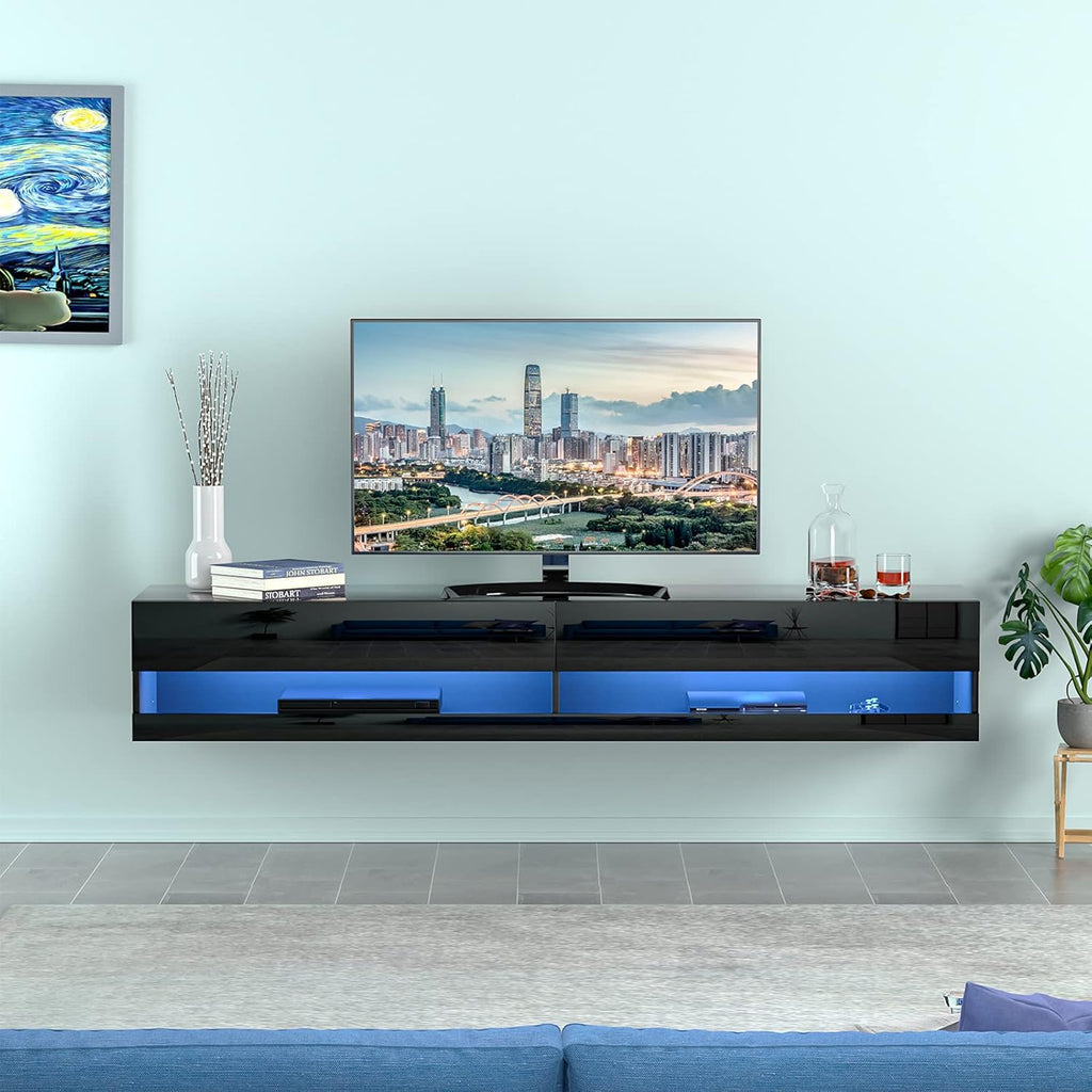 71 Inch High Glossy Wall Mounted Floating TV Stand with RGB LED Light L66280